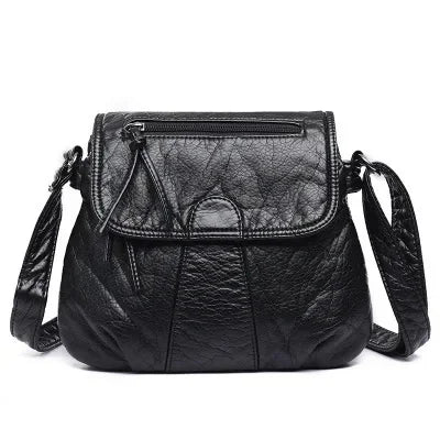 2024 New Fashion Black Small WomenSoft Washed PU Leather Crossbody Female Handbag Purse Women's Casual Double-Decker Bag