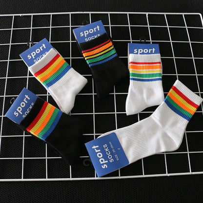 2024 New Fashion Socks Cotton Rainbow Stripes Classic Casual Korean Socks