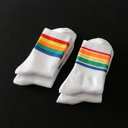 2024 New Fashion Socks Cotton Rainbow Stripes Classic Casual Korean Socks