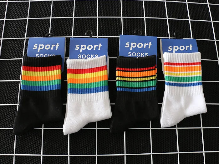 2024 New Fashion Socks Cotton Rainbow Stripes Classic Casual Korean Socks
