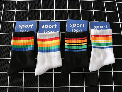 2024 New Fashion Socks Cotton Rainbow Stripes Classic Casual Korean Socks