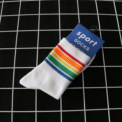 2024 New Fashion Socks Cotton Rainbow Stripes Classic Casual Korean Socks