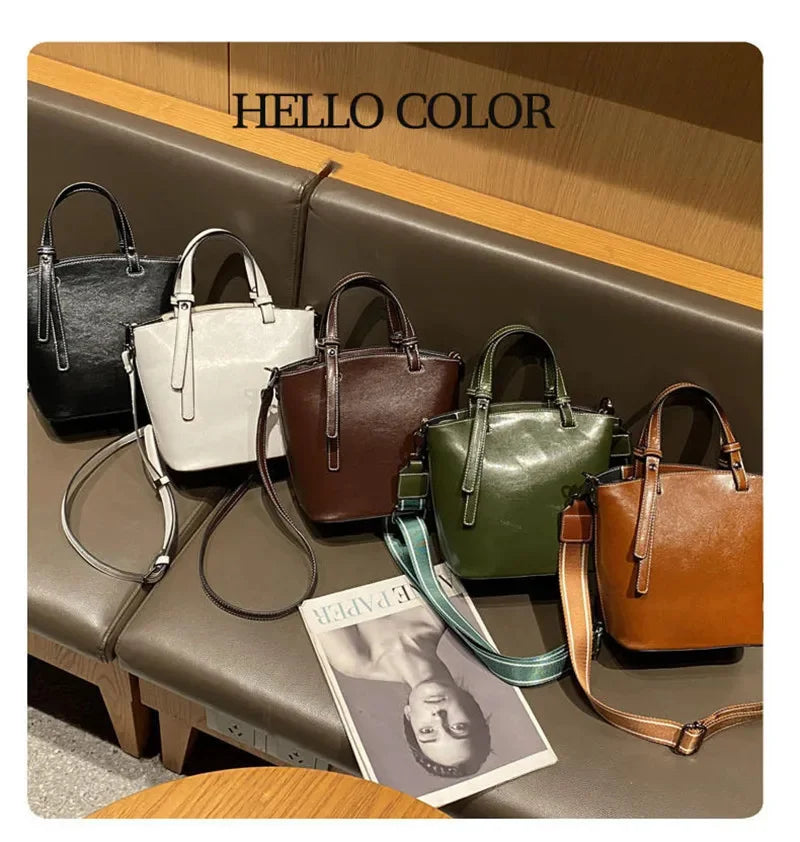 2024 New Female Handbag Cowhide Messenger Fashion One-shoulder Bucket Lady Travel Bag