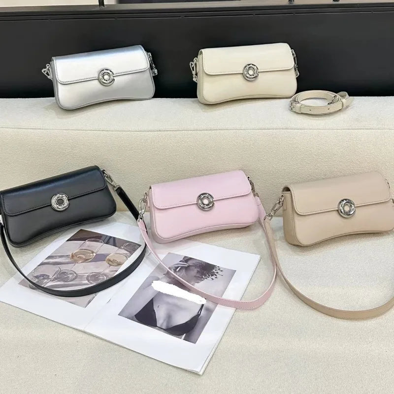 2024 New Fshion Casual Crossbody Shoulder Bag Solid Color All-match Genuine Leather Underarm Handbags Elegant Commuter Bolsas