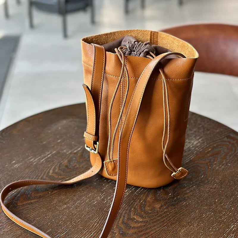 2024 New Genuine Leather Drawstring Bucket Bag Vintage Elegant High Quality Crossbody Shoulder Handbags Solid Casual Bolsas