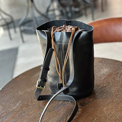 2024 New Genuine Leather Drawstring Bucket Bag Vintage Elegant High Quality Crossbody Shoulder Handbags Solid Casual Bolsas
