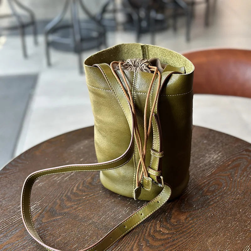 2024 New Genuine Leather Drawstring Bucket Bag Vintage Elegant High Quality Crossbody Shoulder Handbags Solid Casual Bolsas