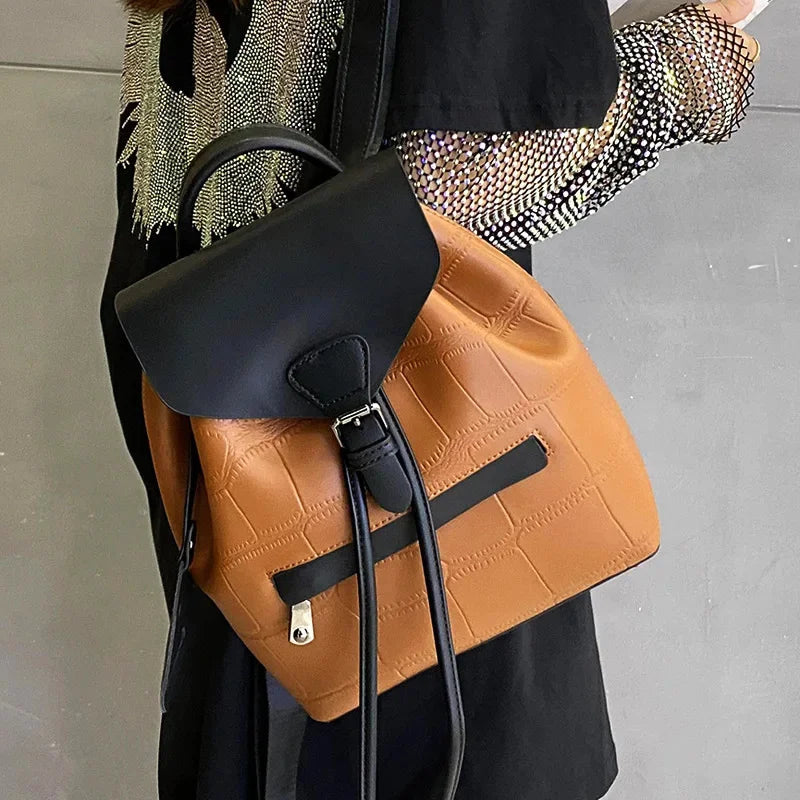 2024 New Handbags Fashion Color Matching Leather Student School College Style Travel Backpack Shoulder Bag