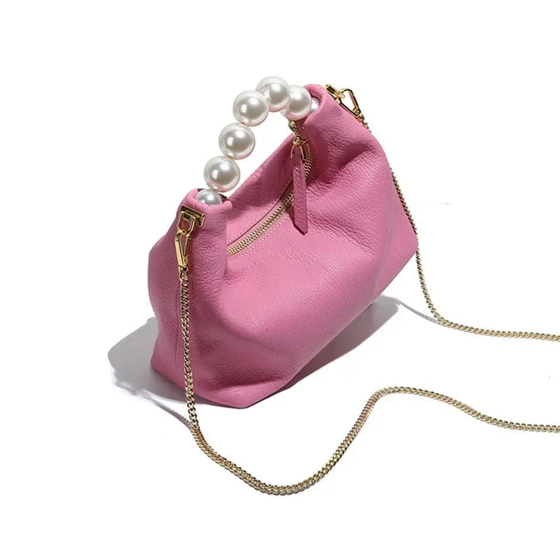 2024 New High-End Fashion Simple Goat Leather Shoulder Crossbody Pearl Handbag Women