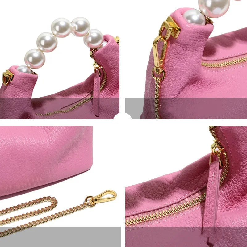 2024 New High-End Fashion Simple Goat Leather Shoulder Crossbody Pearl Handbag Women