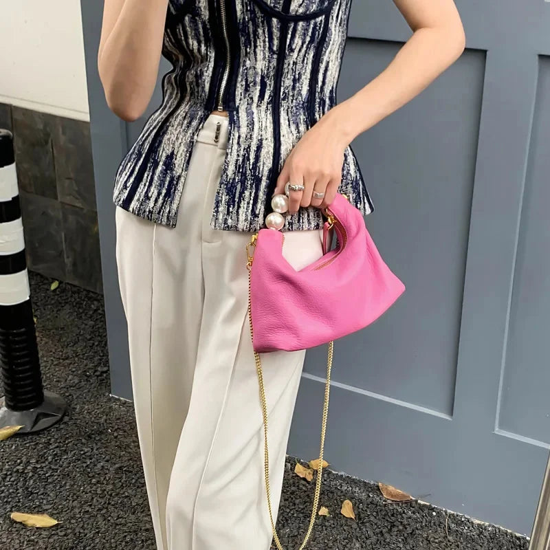 2024 New High-End Fashion Simple Goat Leather Shoulder Crossbody Pearl Handbag Women