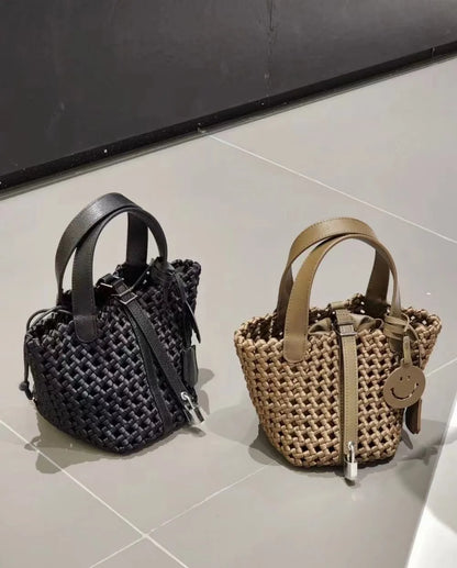 2024 New High end Handmade Woven Bag, Cowhide Vegetable Basket, Handheld Nylon Fabric Woven Bag, Versatile Shoulder Bag