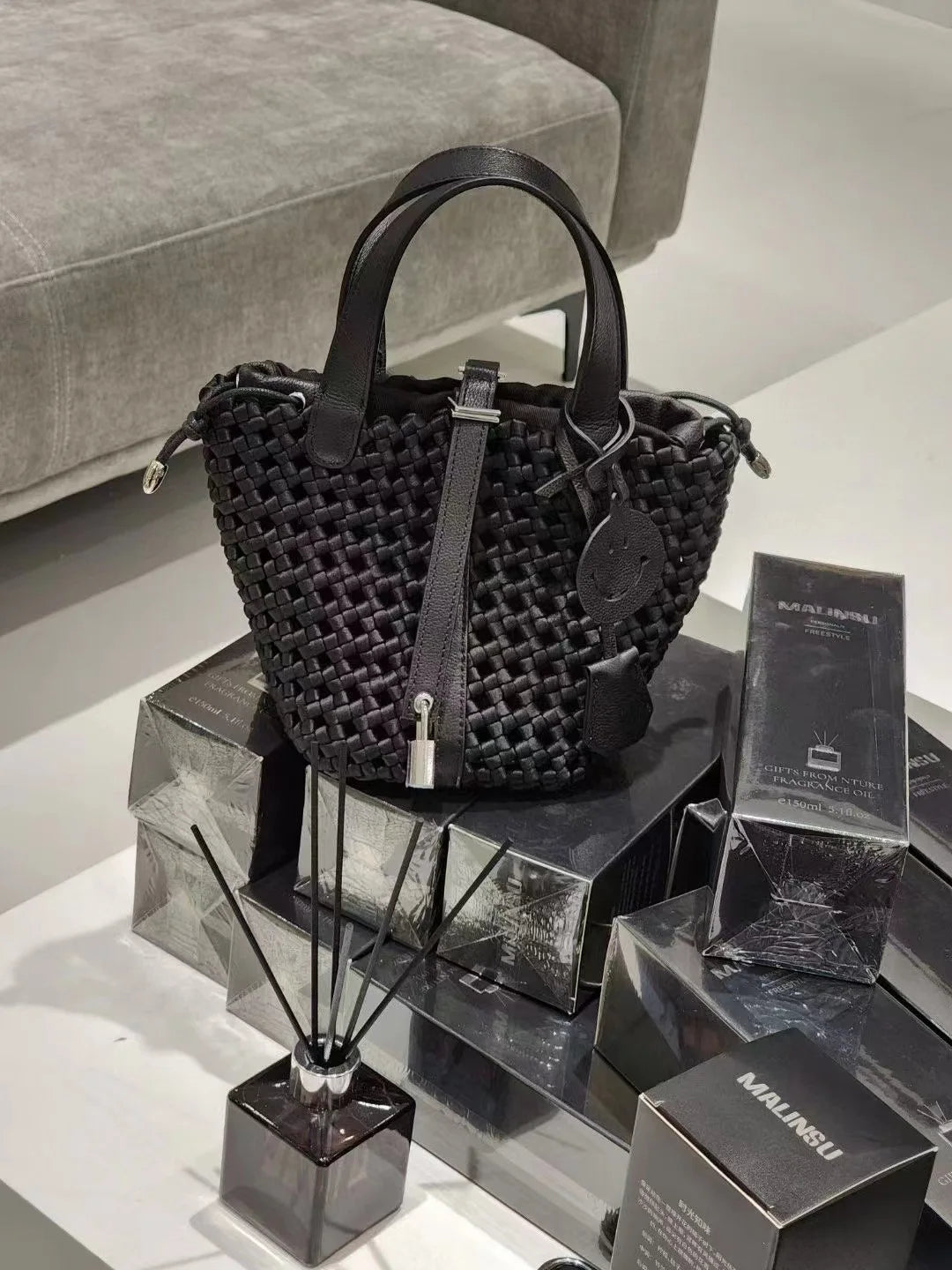 2024 New High end Handmade Woven Bag, Cowhide Vegetable Basket, Handheld Nylon Fabric Woven Bag, Versatile Shoulder Bag