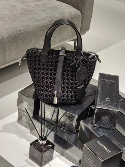 2024 New High end Handmade Woven Bag, Cowhide Vegetable Basket, Handheld Nylon Fabric Woven Bag, Versatile Shoulder Bag