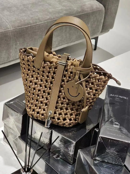 2024 New High end Handmade Woven Bag, Cowhide Vegetable Basket, Handheld Nylon Fabric Woven Bag, Versatile Shoulder Bag
