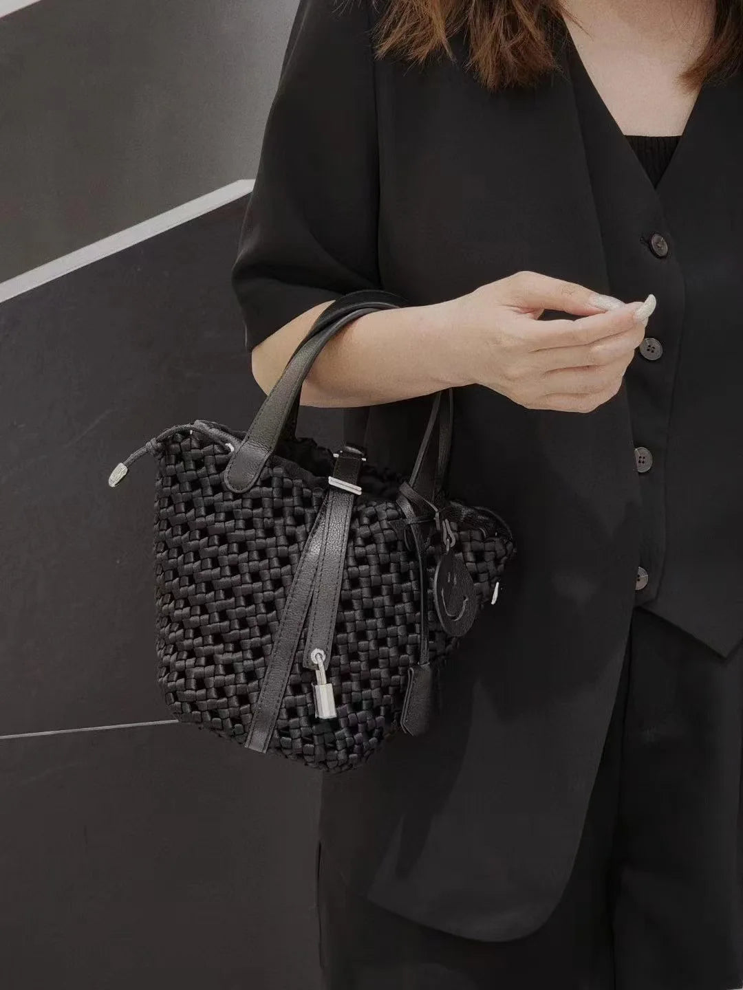 2024 New High end Handmade Woven Bag, Cowhide Vegetable Basket, Handheld Nylon Fabric Woven Bag, Versatile Shoulder Bag