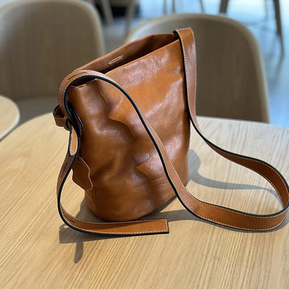 2024 New Korean Genuine Leather Bucket Bag Vintage Casual Luxury Underarm Shoulder Handbags Large Capacity Commute Bolsas Mujer
