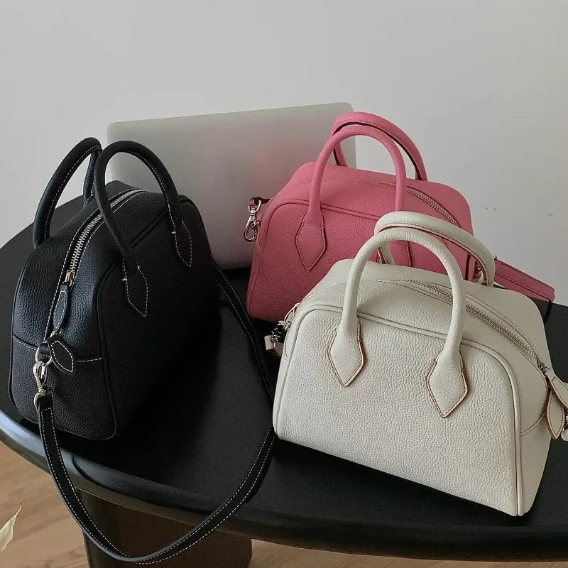 2024 New Korean Niche Cowhide Boston Pillow Bag Large Capacity Crossbody Shoulder Bags Women Genuine Leather Handbags Purses