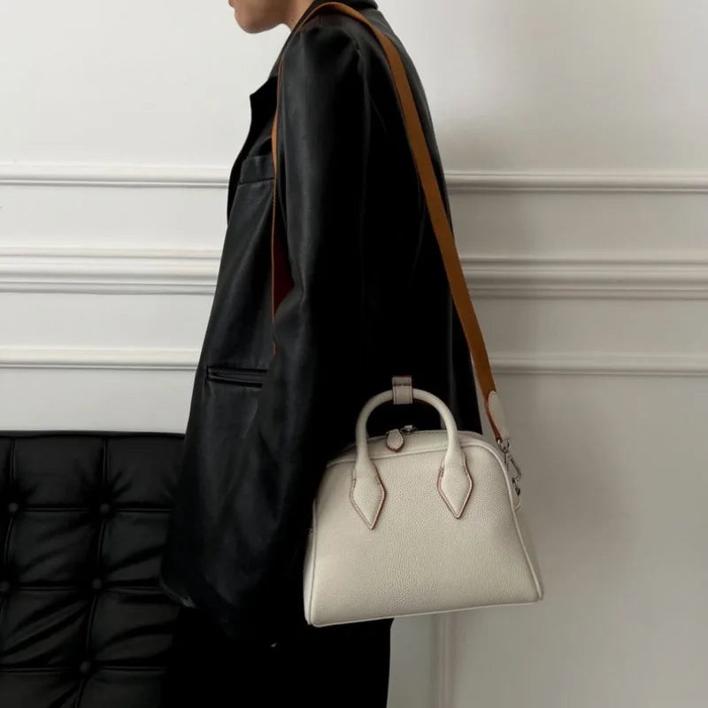 2024 New Korean Niche Cowhide Boston Pillow Bag Large Capacity Crossbody Shoulder Bags Women Genuine Leather Handbags Purses