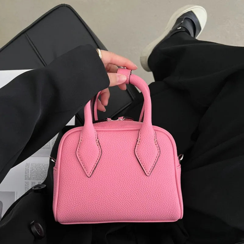 2024 New Korean Niche Cowhide Boston Pillow Bag Large Capacity Crossbody Shoulder Bags Women Genuine Leather Handbags Purses
