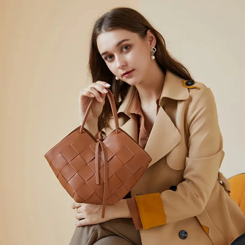2024 New Leather Tote Women, Hand-Held Basket, Original Design Of Cowhide Woven One-Shoulder Crossbody Bag For Women