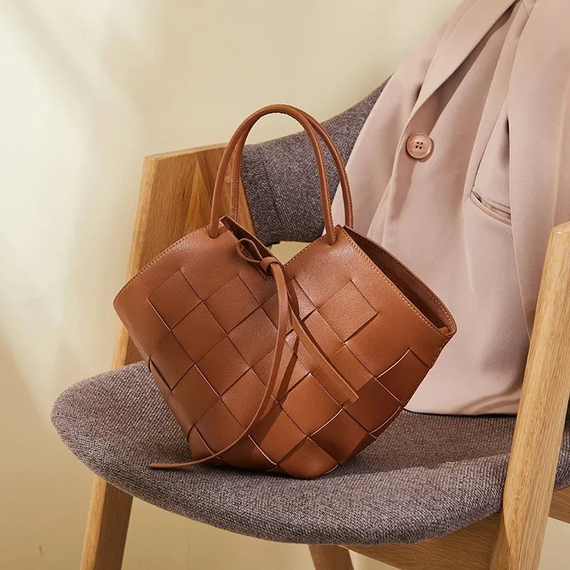 2024 New Leather Tote Women, Hand-Held Basket, Original Design Of Cowhide Woven One-Shoulder Crossbody Bag For Women