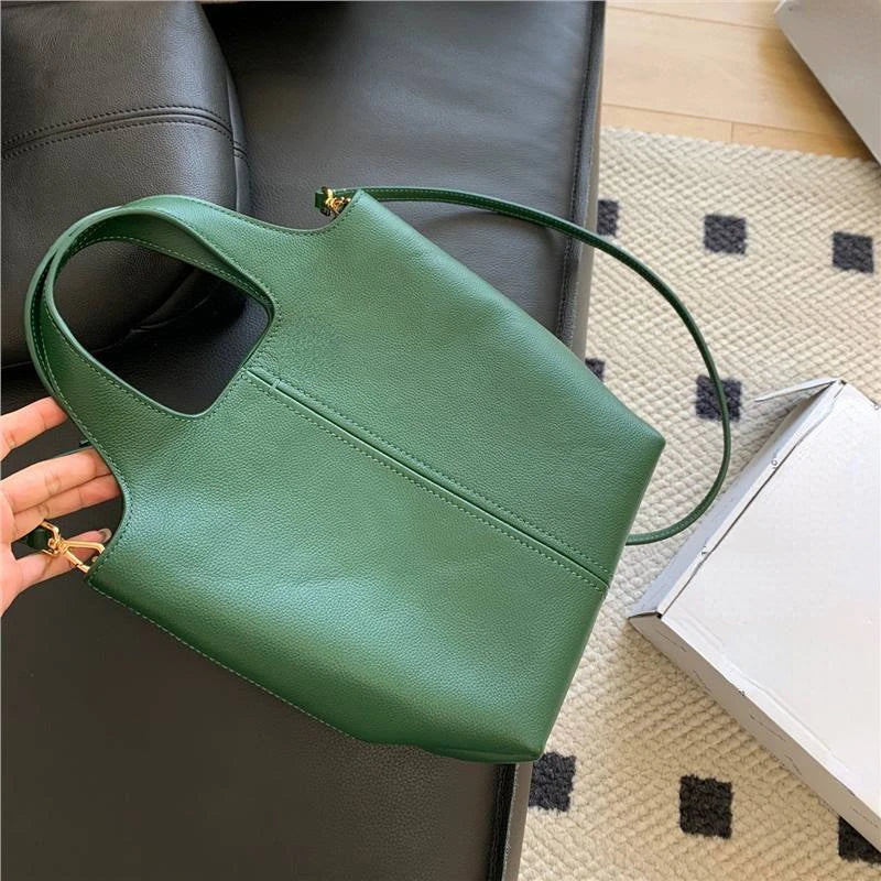 2024 New Minority Lychee Grain Cowhide Handbags Genuine Leather Bucket Tote Bags Large Capacity Commuter Crossbody Shoulder Bag