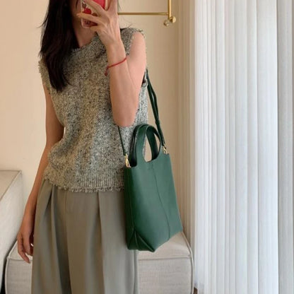 2024 New Minority Lychee Grain Cowhide Handbags Genuine Leather Bucket Tote Bags Large Capacity Commuter Crossbody Shoulder Bag