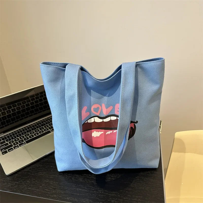 2024 New Red Lip Large Capacity Women's Shoulder Crossbody Bag Printed Canvas Student Bag Hand Bags for Women