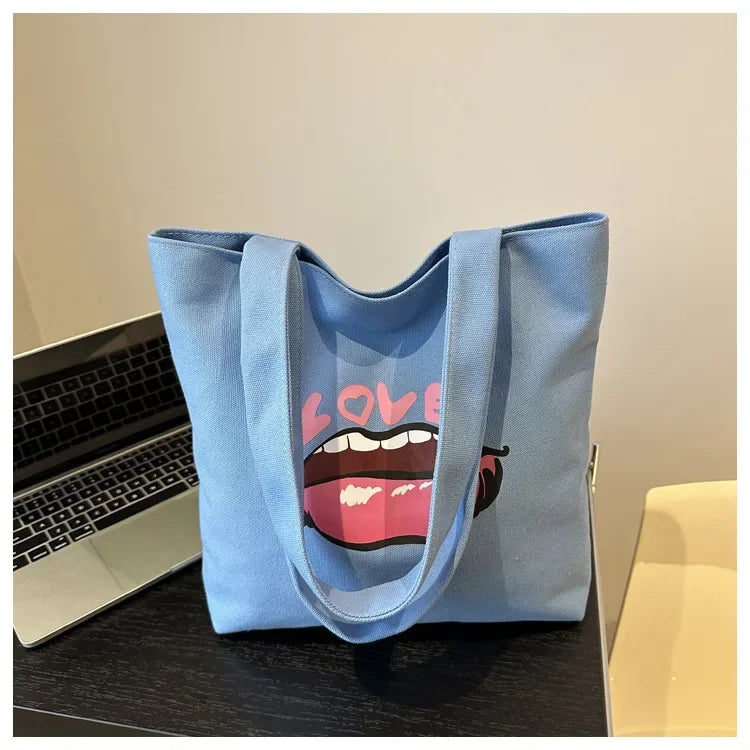 2024 New Red Lip Large Capacity Women's Shoulder Crossbody Bag Printed Canvas Student Bag Hand Bags for Women