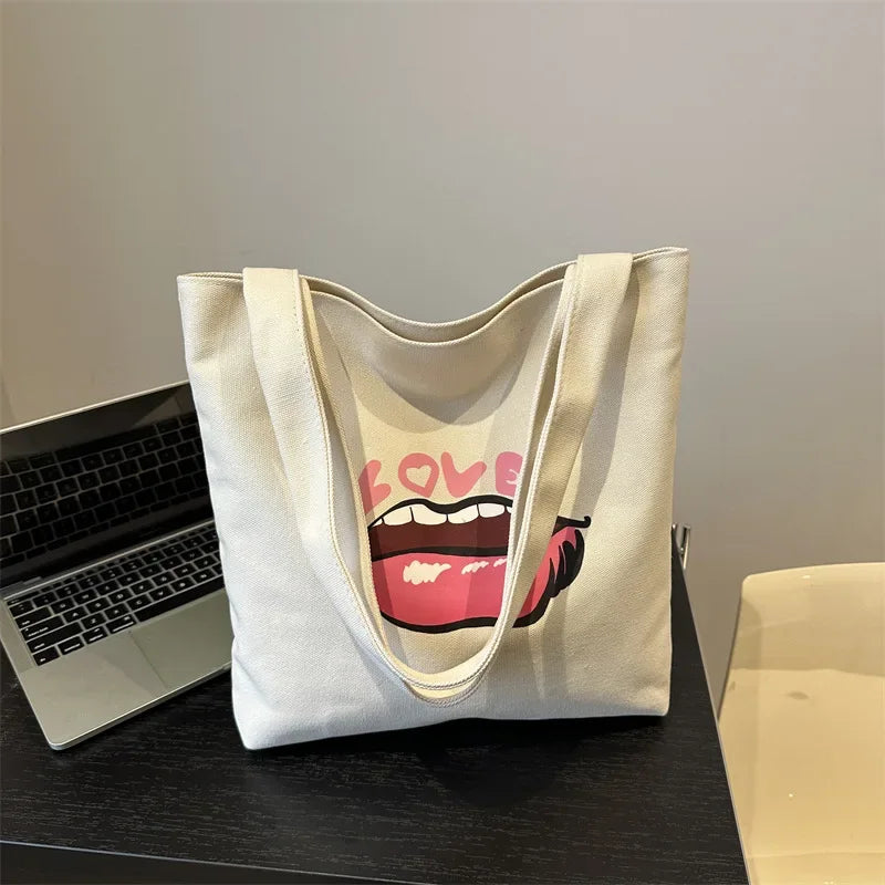2024 New Red Lip Large Capacity Women's Shoulder Crossbody Bag Printed Canvas Student Bag Hand Bags for Women