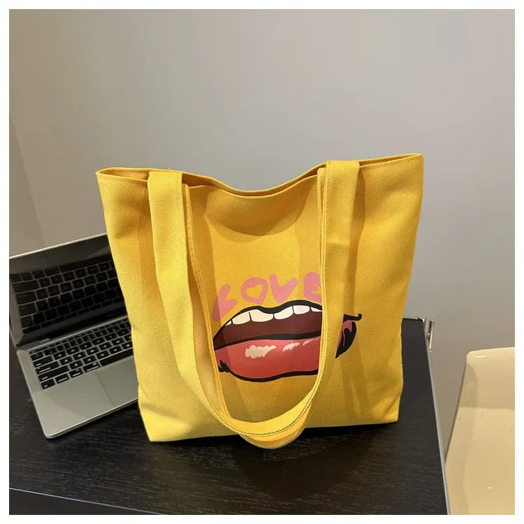 2024 New Red Lip Large Capacity Women's Shoulder Crossbody Bag Printed Canvas Student Bag Hand Bags for Women