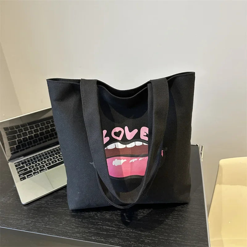 2024 New Red Lip Large Capacity Women's Shoulder Crossbody Bag Printed Canvas Student Bag Hand Bags for Women