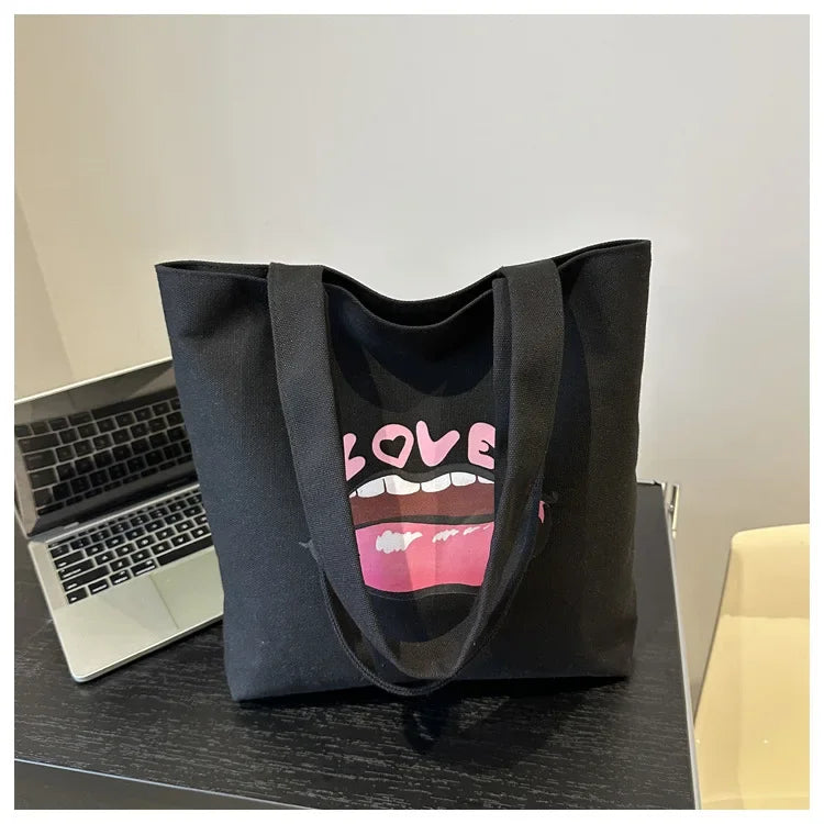 2024 New Red Lip Large Capacity Women's Shoulder Crossbody Bag Printed Canvas Student Bag Hand Bags for Women
