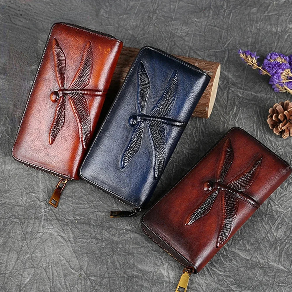 2024 New Retro Genuine Leather Women Wallet Hand Ladies Long Purse Luxury Women's Wallets For Card Money Phone Bag