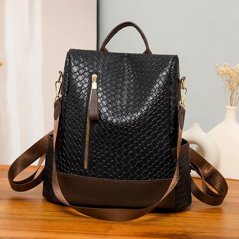 2024 New Retro Women's Backpack Girls' Anti Theft Travel Bag High Quality Large Capacity Backpack Cross Weaving Pattern Wallet