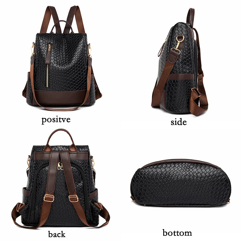 2024 New Retro Women's Backpack Girls' Anti Theft Travel Bag High Quality Large Capacity Backpack Cross Weaving Pattern Wallet