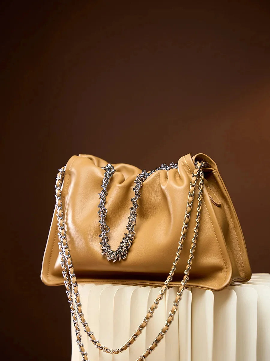 2024 New Single Shoulder Crossbody Small Armpit Fold Hand Chain Female Leather Tote Bag Leisure Everything Diagonal Span