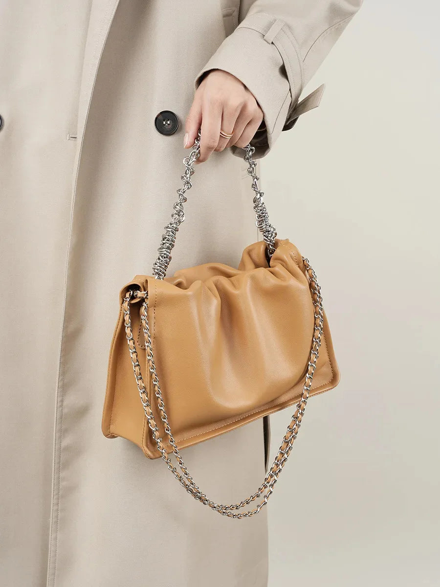 2024 New Single Shoulder Crossbody Small Armpit Fold Hand Chain Female Leather Tote Bag Leisure Everything Diagonal Span