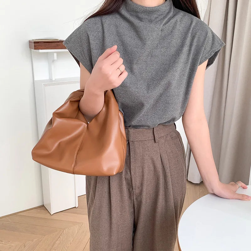 2024 New Soft Leather Handbags Commuter Large Capacity Portable Handle Bags Fashion Folds Design Casual Purses Clutch Pouch