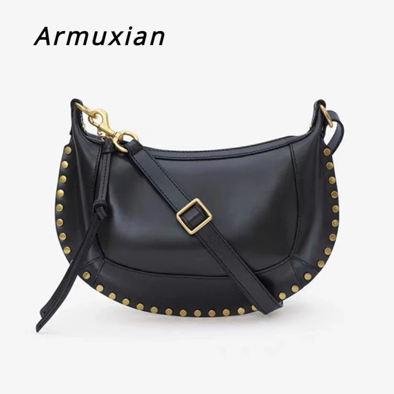 2024 New Style Women Cowhide Saddle Bag Rivet Decoration Adjustable Shoulder Strap Fashion Ladies Shoulder Bag Zipper Handbag