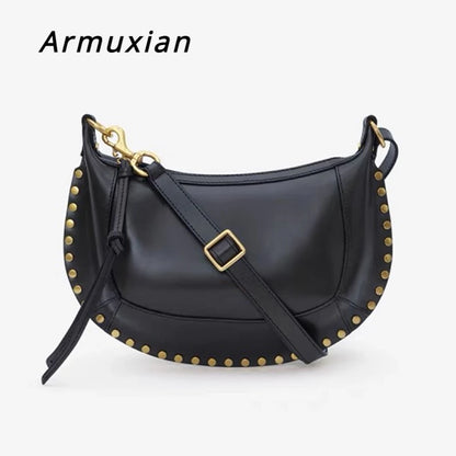 2024 New Style Women Cowhide Saddle Bag Rivet Decoration Adjustable Shoulder Strap Fashion Ladies Shoulder Bag Zipper Handbag