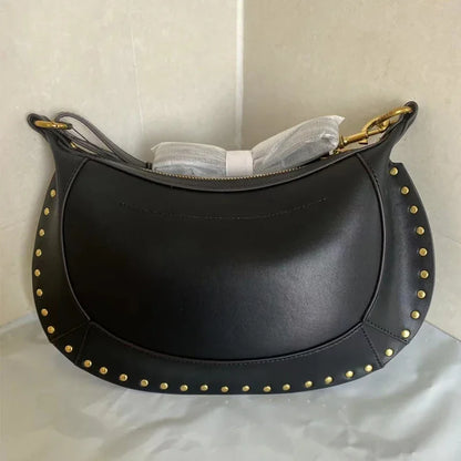 2024 New Style Women Cowhide Saddle Bag Rivet Decoration Adjustable Shoulder Strap Fashion Ladies Shoulder Bag Zipper Handbag