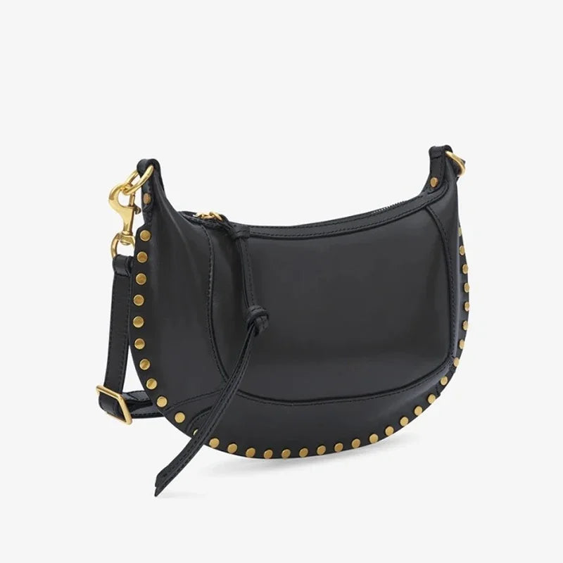 2024 New Style Women Cowhide Saddle Bag Rivet Decoration Adjustable Shoulder Strap Fashion Ladies Shoulder Bag Zipper Handbag