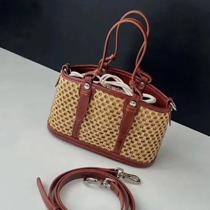 2024 New Summer Grass Woven Vegetable Basket Handbag, Cowhide Small Bag, Retro Commuter Handheld Crossbody Bag,