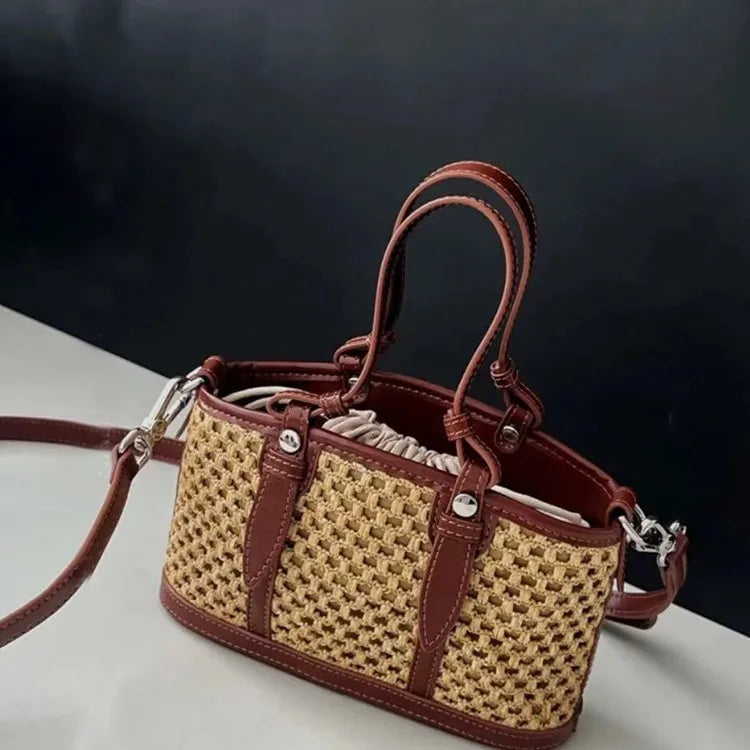 2024 New Summer Grass Woven Vegetable Basket Handbag, Cowhide Small Bag, Retro Commuter Handheld Crossbody Bag,