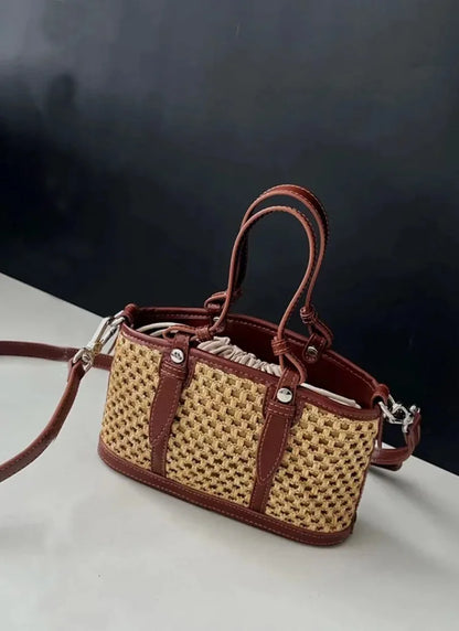 2024 New Summer Grass Woven Vegetable Basket Handbag, Cowhide Small Bag, Retro Commuter Handheld Crossbody Bag,