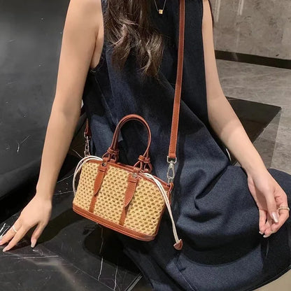 2024 New Summer Grass Woven Vegetable Basket Handbag, Cowhide Small Bag, Retro Commuter Handheld Crossbody Bag,