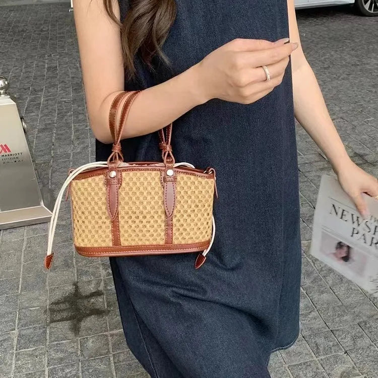 2024 New Summer Grass Woven Vegetable Basket Handbag, Cowhide Small Bag, Retro Commuter Handheld Crossbody Bag,
