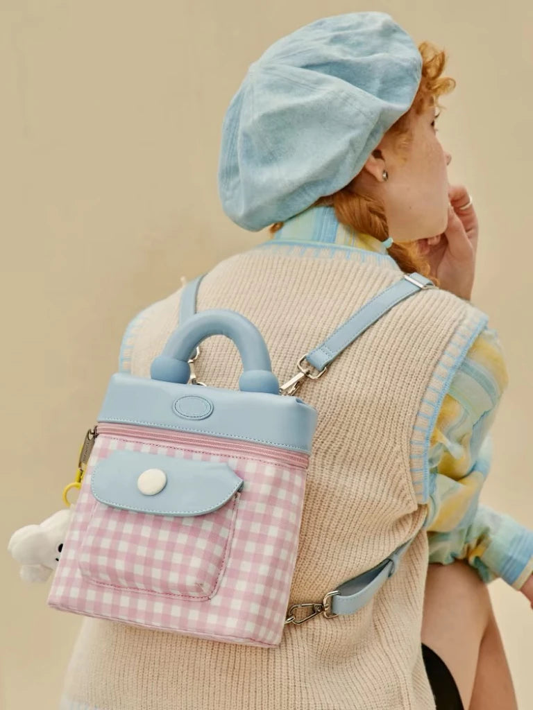 2024 New Sweet Girl Checkered Backpack PU Leather Cute Small Shoulder Bag Colored Casual Small Bag Gifts For Daughter